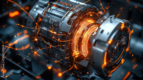 Close-up view of electric motor core components with dynamic magnetic effects and textures