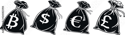 Set of Money Currency Symbols. Black Silhouette Icons of Money Bags with British Pound Sterling, Dollar, Euro and Bitcoin sign icons