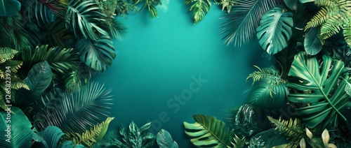 Frame of green tropical leaves and exotic flowers on green background, summer banner concept.
