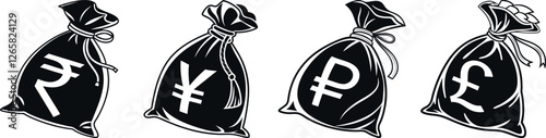 Set of Money Currency Symbols. Black Silhouette Icons of Money Bags with Indian Rupee, British Pound Sterling, Japanese Yen, Chinese Yuan and Rouble sign icons