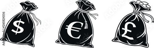 Set of Money Currency Symbols. Black Silhouette Icons of Money Bags with British Pound Sterling, Dollar, Euro sign icons
