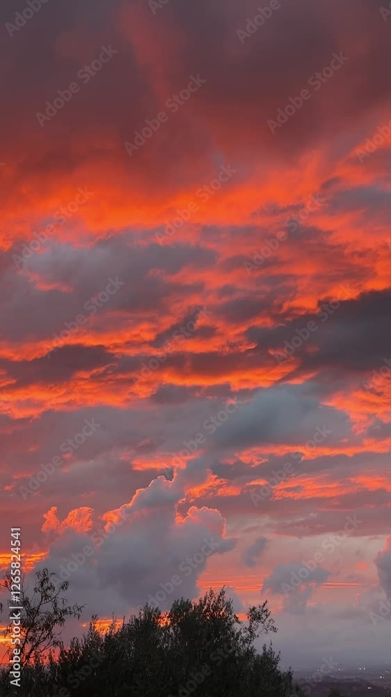 Stunning Vertical Summer Sunset with Fiery Red and Orange Clouds in the Sky Stunning Vertical Summer Sunset with Fiery Red and Orange Clouds in the Sky