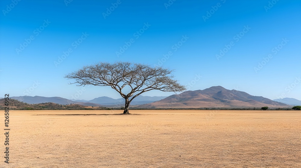 Fototapeta premium Lone Tree in Arid Landscape Under a Clear Blue Sky