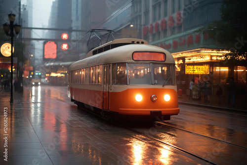 Historic tram travels through rainy city streets at dusk with bright red lights ahead photo