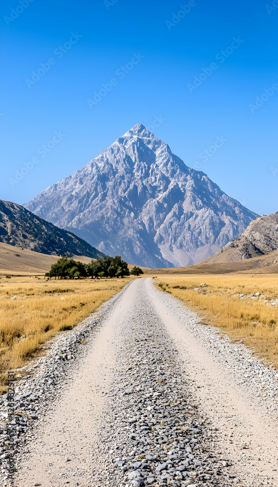 Road to mountain peak under clear skies for travel, adventure, and destination use Road to mountain peak under clear skies for travel, adventure, and destination use