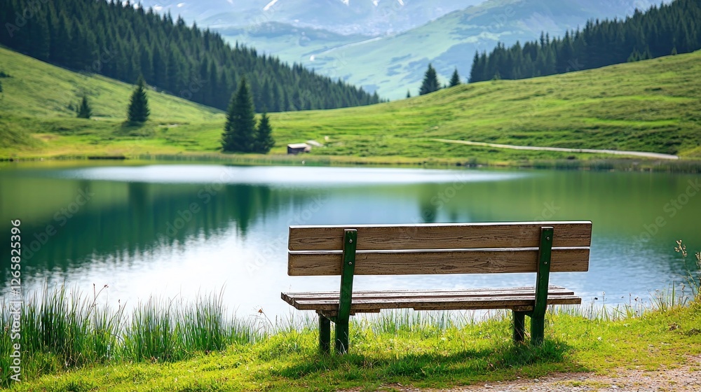 Tranquil alpine lake scene with wooden bench Tranquil alpine lake scene with wooden bench