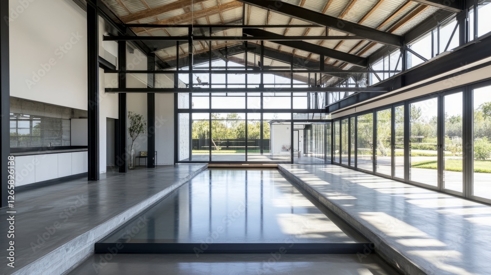 Modern warehouse interior with clean lines and open space, showcasing industrial simplicity and functional design. Modern warehouse interior with clean lines and open space, showcasing industrial simplicity and functional design.