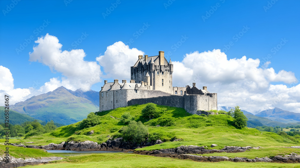 Scottish Highland Castle, Sunny Day, Mountains, Travel Poster Scottish Highland Castle, Sunny Day, Mountains, Travel Poster