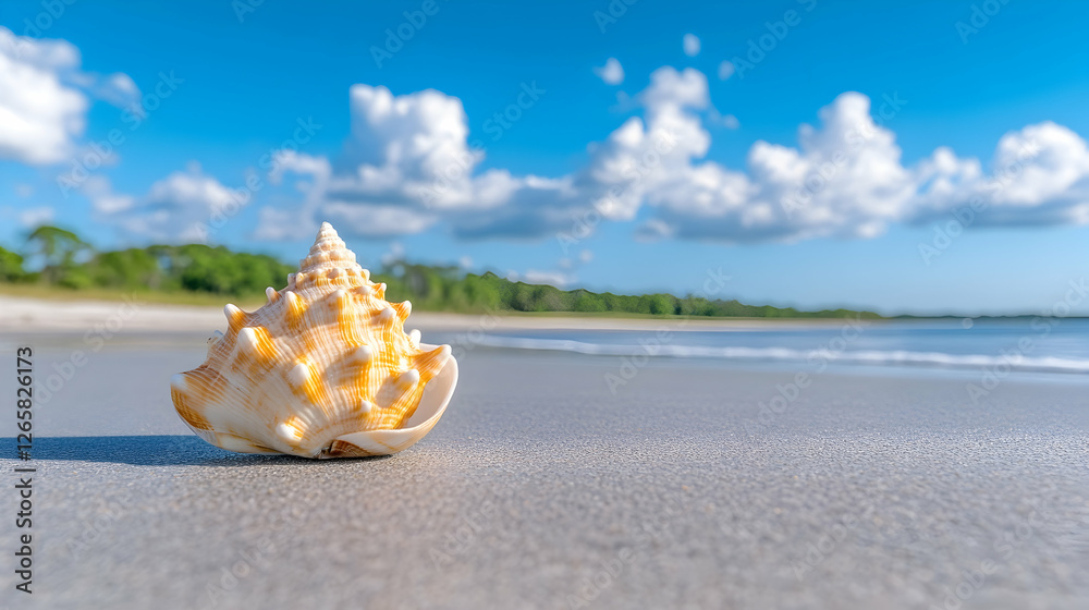 Seashell on beach sand with ocean and clouds in background, sunny day scene Seashell on beach sand with ocean and clouds in background, sunny day scene