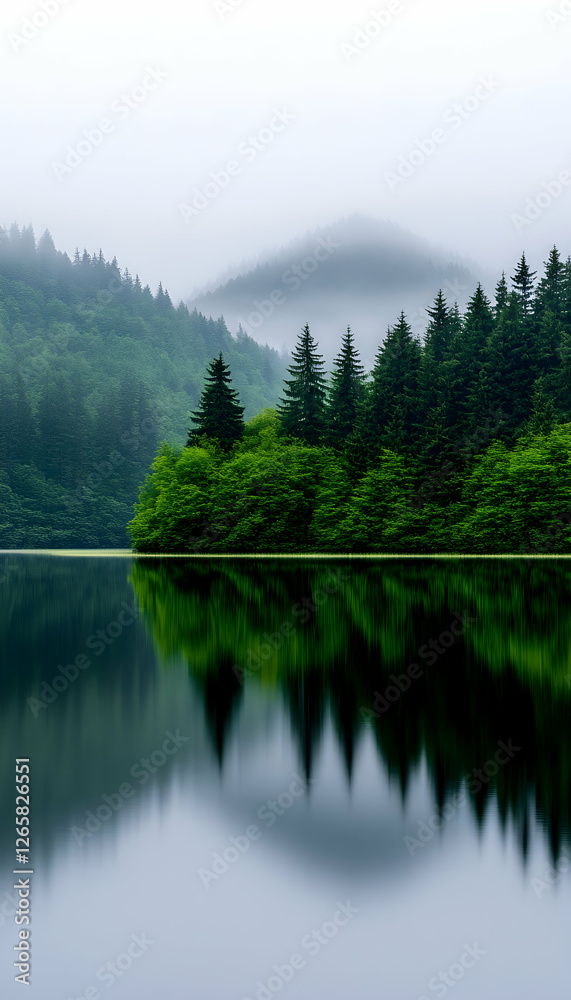 Serene lake surrounded by lush forest reflects green trees and distant mountain Serene lake surrounded by lush forest reflects green trees and distant mountain