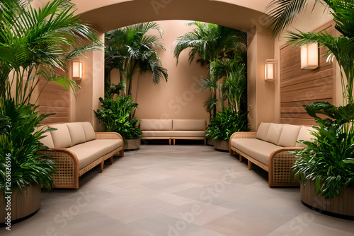 Serene seating area with tropical plants and ambient lighting  invites relaxation