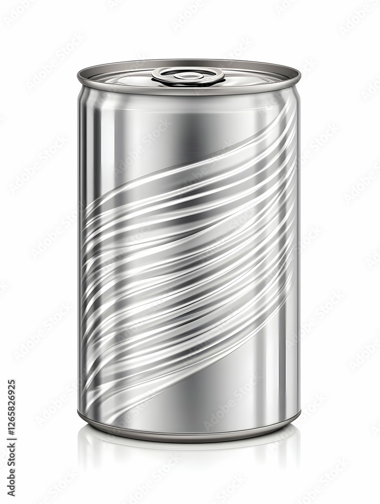 Shiny aluminum beverage can with swirl design, reflecting light, studio shot Shiny aluminum beverage can with swirl design, reflecting light, studio shot
