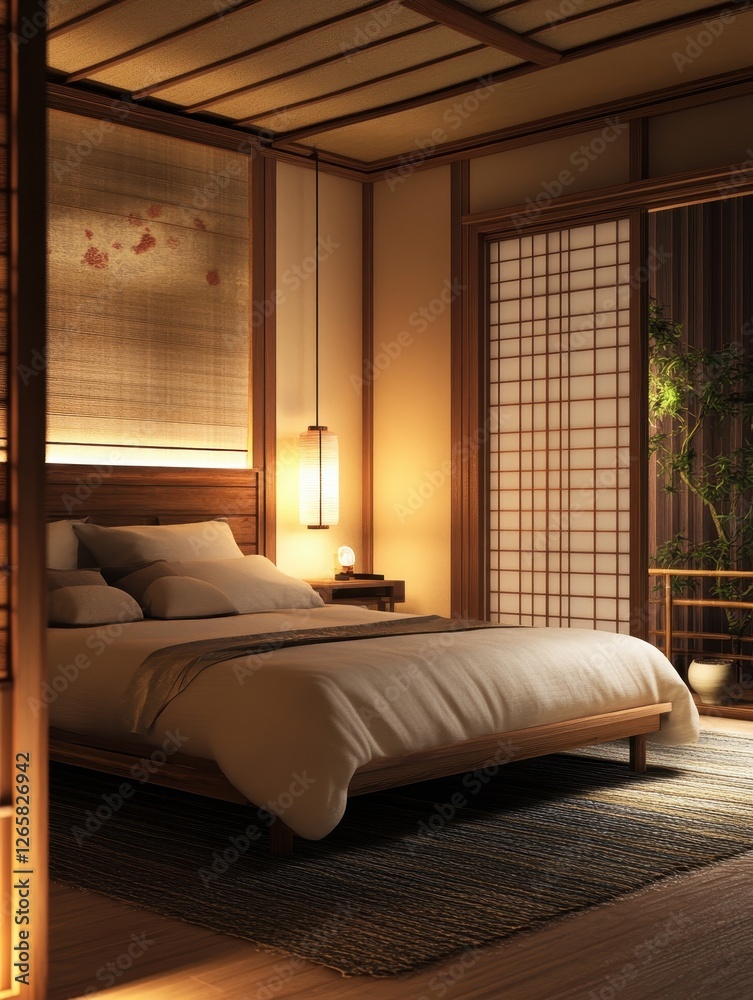 Fototapeta premium A serene bedroom with japanese inspired design elements is shown