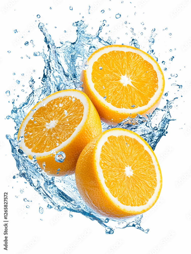 Sliced oranges splashing water isolated on white background. Summer drink concept Sliced oranges splashing water isolated on white background. Summer drink concept