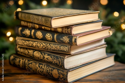 A collection of vintage books with intricate gold-embossed covers rests on a wooden table. Soft ambient lighting enhances their ornate details, inviting a sense of nostalgia and tranquility photo