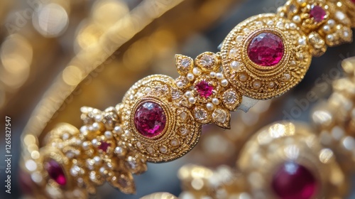 Intricate Gold Jewelry with Red Gems and Delicate Pearl Accents
