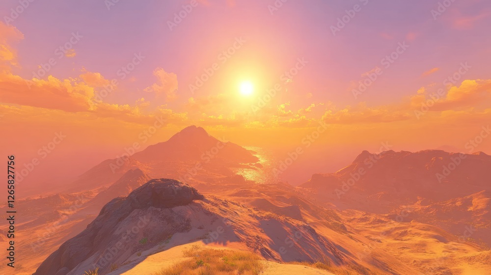 Naklejka premium Sunset over desert mountains, coastal view, idyllic landscape