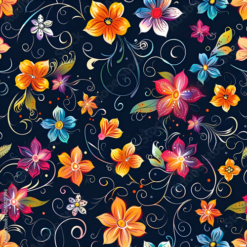 Vibrant Floral Pattern. Dark Background with Colorful Flowers and Ornate Swirls