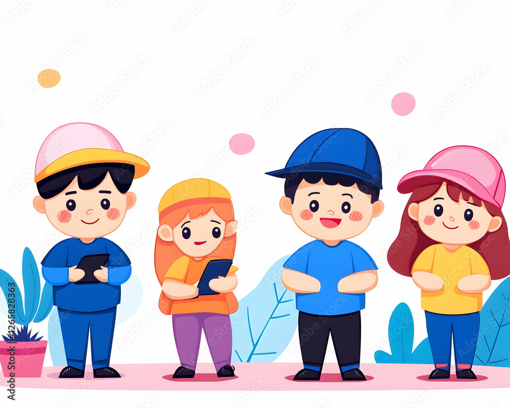 Smiling team stands together, diverse kids wearing hats. Background is minimal, for education or design Smiling team stands together, diverse kids wearing hats. Background is minimal, for education or design