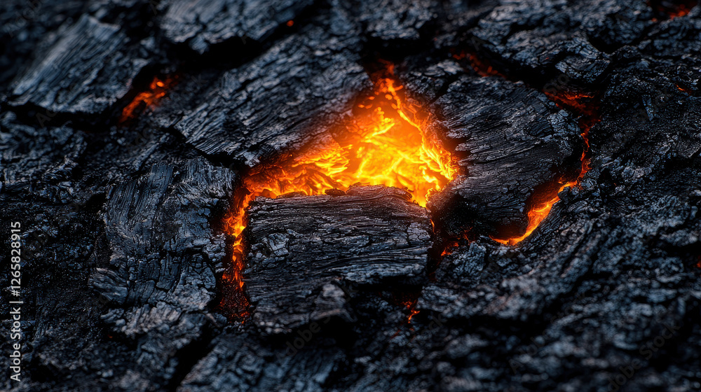 Solitary ember glows brightly on charred wood, highlighting remnants of past fires Solitary ember glows brightly on charred wood, highlighting remnants of past fires