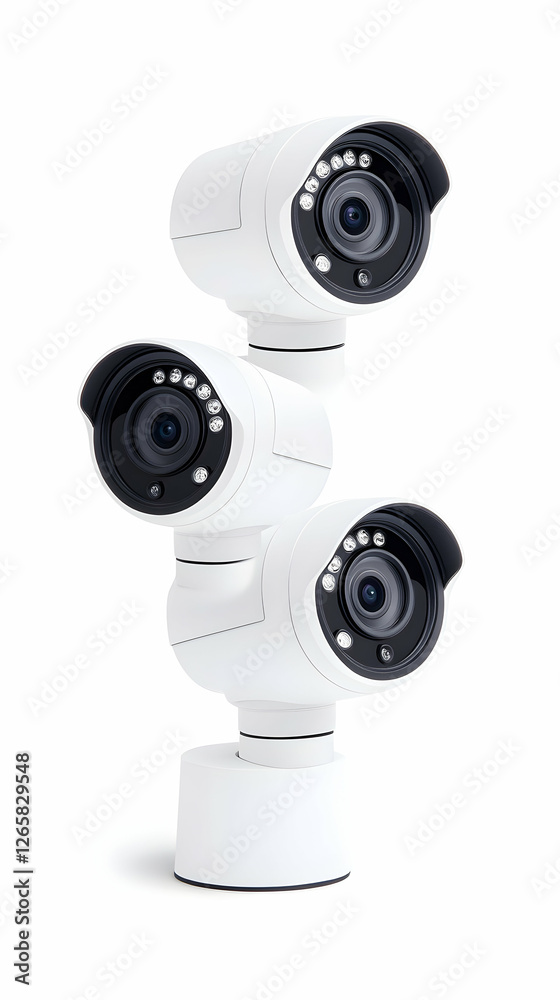 Stack of surveillance cameras on white background for security, safety and protection Stack of surveillance cameras on white background for security, safety and protection
