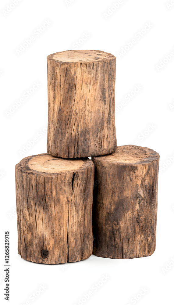 Stacked wood logs against a white background for display or decoration Stacked wood logs against a white background for display or decoration