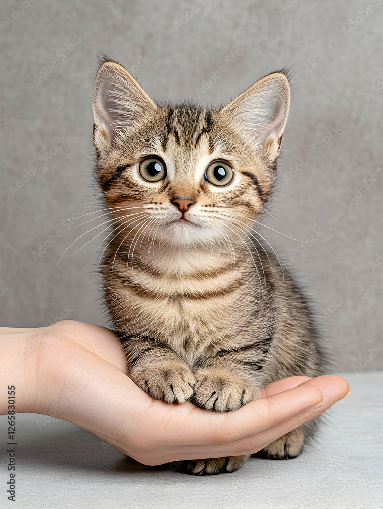 Obraz premium Striped kitten perched on a hand against a soft backdrop, in a studio setting