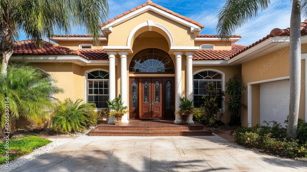 Fototapeta premium Elegant house entrance with clean lines, blending modern design and serene outdoor beauty. 