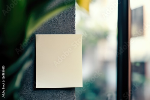 Beige card affixed to a wooden board with metal bracket, in front of a potted plant and blurred window. photo