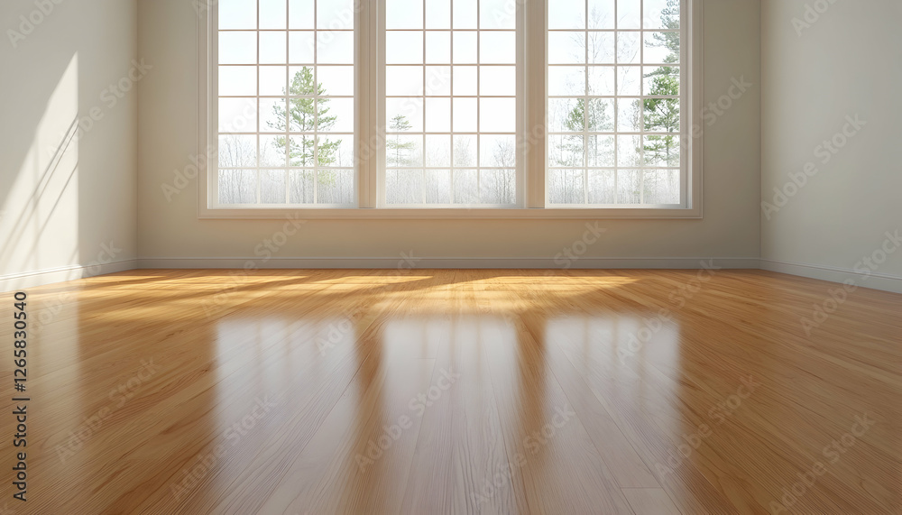Sunny empty interior with light shining on wood floor. Background shows trees Sunny empty interior with light shining on wood floor. Background shows trees
