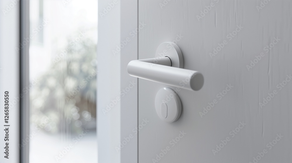 Naklejka premium A clean white door handle attached to a minimalist white door.