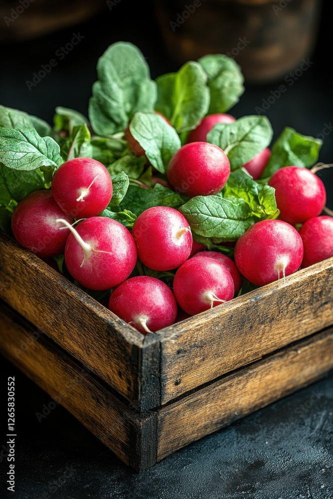 Fresh red radishes in a wooden box with green leaves Fresh red radishes in a wooden box with green leaves