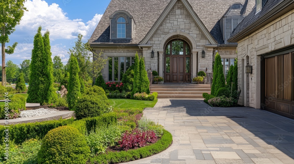 Naklejka premium Elegant house entrance with clean lines, blending modern design and serene outdoor beauty. 