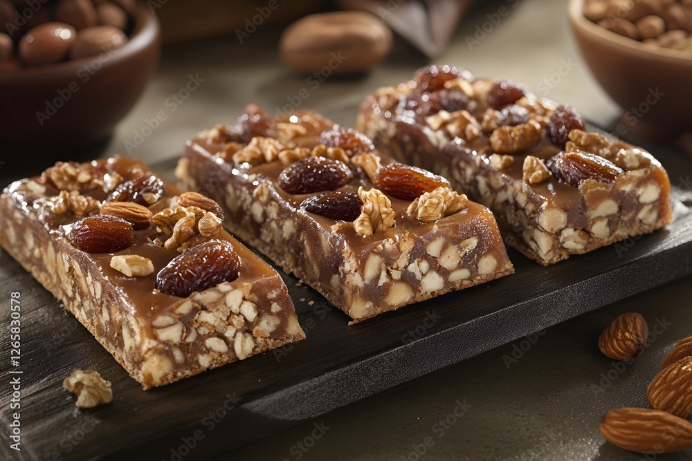 Deliciously crafted nut and fruit energy bars displayed on a rustic wooden board with an assortment of nuts in the background. Generative AI