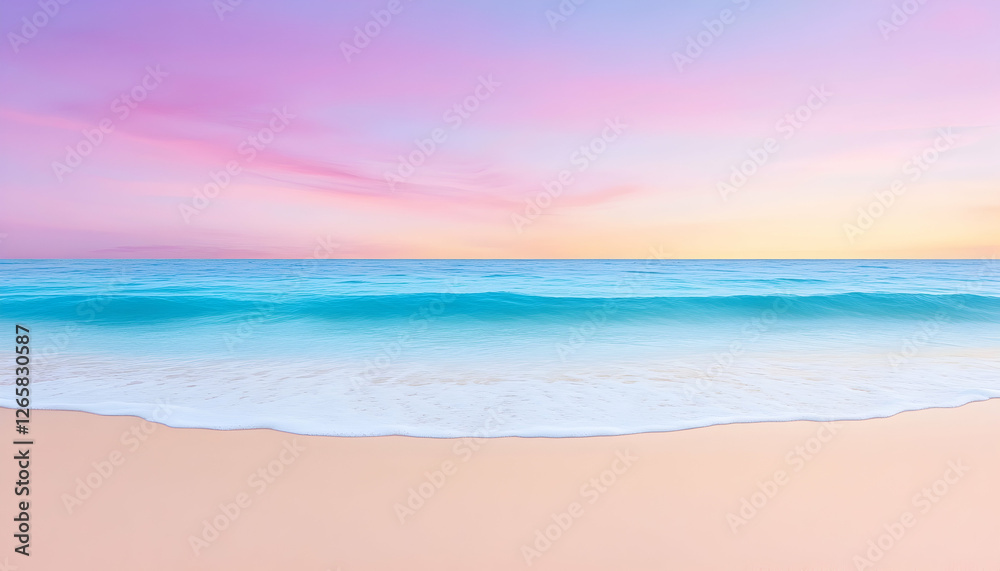 Obraz premium Sunset beach scene waves lap sandy shore; vibrant colors fill sky for travel ads