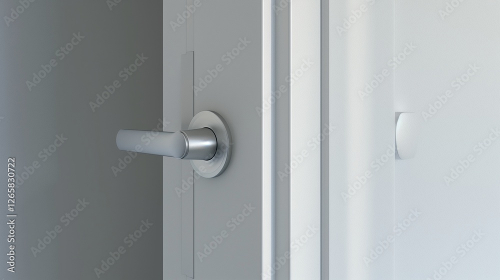 A clean white door handle attached to a minimalist white door. A clean white door handle attached to a minimalist white door.