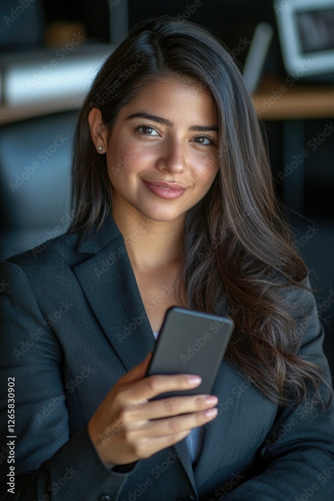 Smiling businesswoman holding a smartphone, looking directly at the camera. Portrait style image. Smiling businesswoman holding a smartphone, looking directly at the camera. Portrait style image.