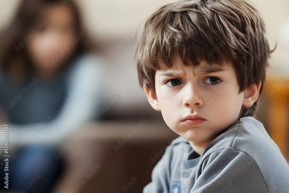 Child shows concern while another child sits in the background during an indoor moment of tension in a cozy living room setting. Generative AI Child shows concern while another child sits in the background during an indoor moment of tension in a cozy living room setting. Generative AI