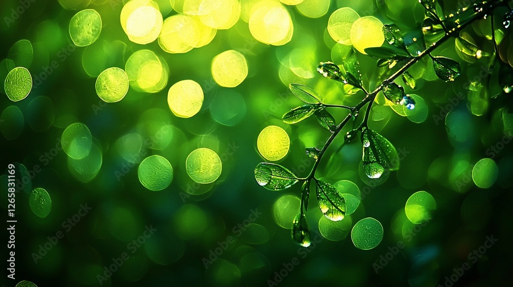 Obraz premium Dew-kissed leaves, forest bokeh, nature backdrop