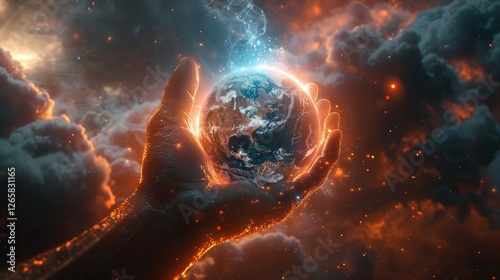 Radiant hand holding the earth amidst a cosmic backdrop with clouds and light effects during a dramatic celestial event
