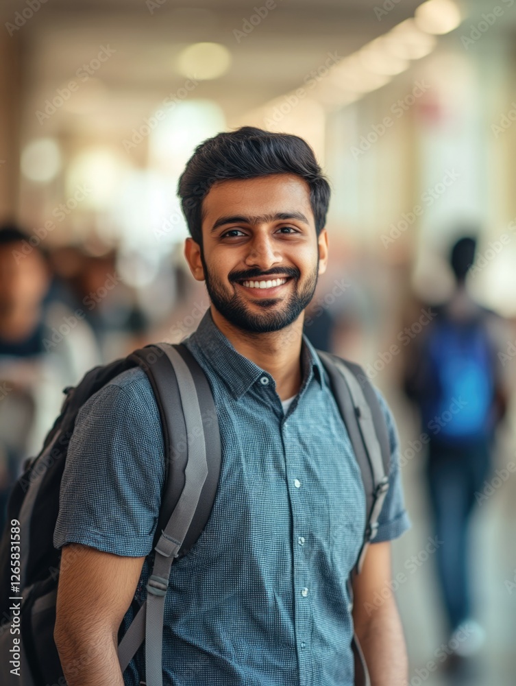 Indian male student smiling at the camera, dressed casually with a backpack, waiting to board a plane.
