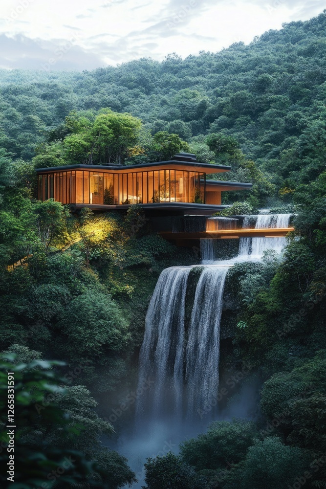 Stylish treehouse with panoramic views, set amidst lush greenery and a majestic waterfall. Perfect for relaxation. Stylish treehouse with panoramic views, set amidst lush greenery and a majestic waterfall. Perfect for relaxation.