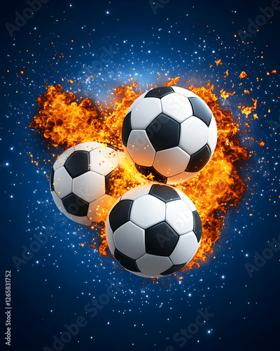 Three soccer balls ablaze in a thrilling, energetic game; ideal for sports ads