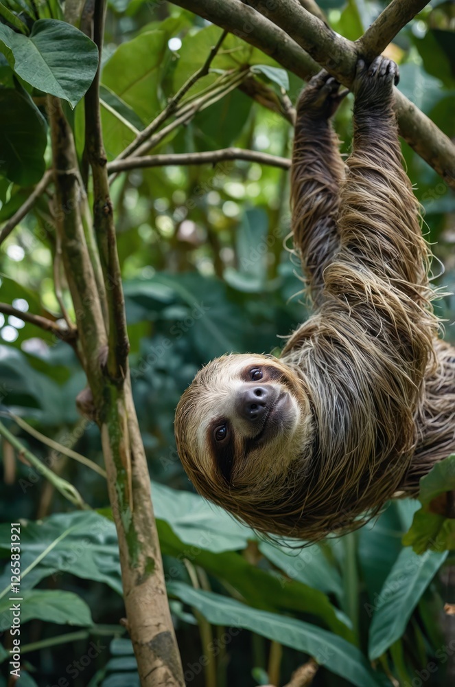 A sloth hanging from a tree branch amidst lush green foliage. A sloth hanging from a tree branch amidst lush green foliage.