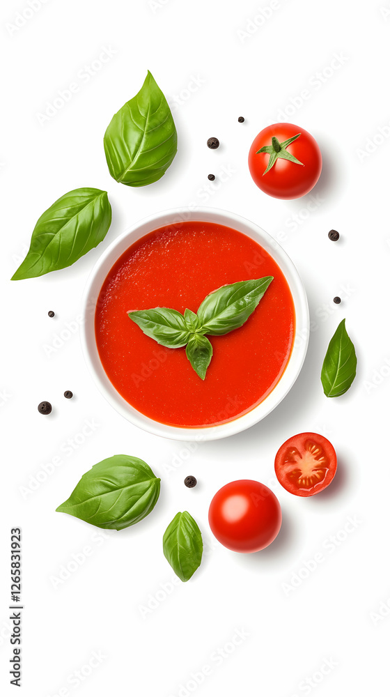 Tomato soup, basil, peppercorns, white background, food photography, recipe Tomato soup, basil, peppercorns, white background, food photography, recipe