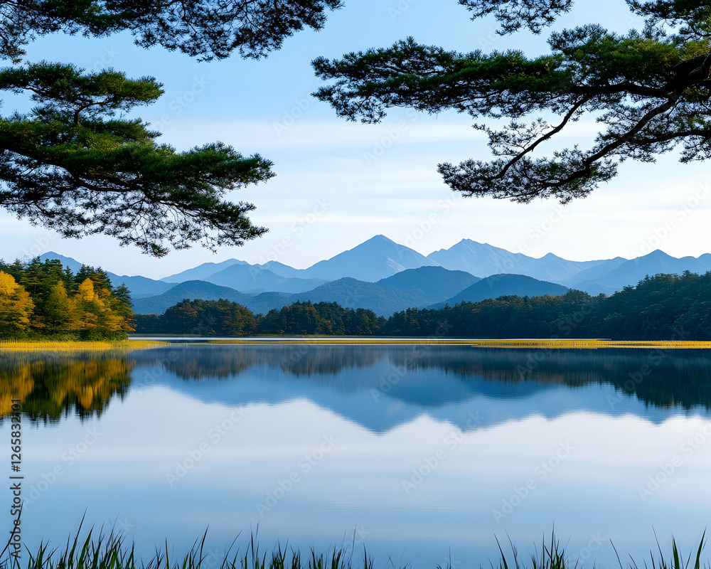 Tranquil lake reflecting distant mountains, framed by branches, idyllic scene Tranquil lake reflecting distant mountains, framed by branches, idyllic scene