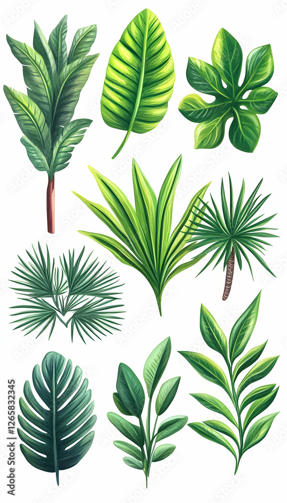 Tropical leaf set for decorative use with vivid hues and various green shades Tropical leaf set for decorative use with vivid hues and various green shades