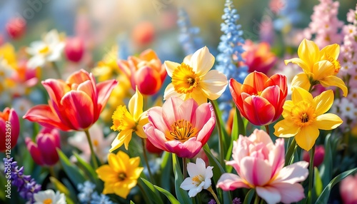 Wallpaper Mural Blooming Spring Flower Garden with Tulips and Daffodils in Sunlight Torontodigital.ca