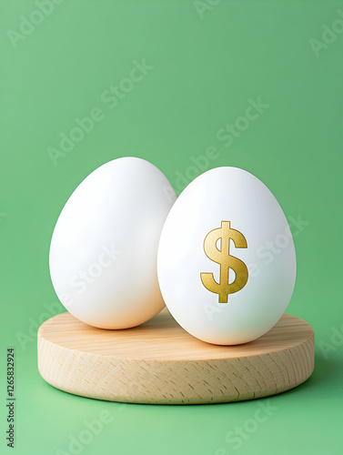 Two eggs, one with dollar sign, on wood, green background, financial security concept photo