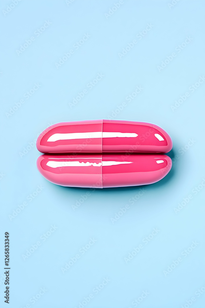 Two pink pills stacked on a light blue surface, medication, medicine concept Two pink pills stacked on a light blue surface, medication, medicine concept